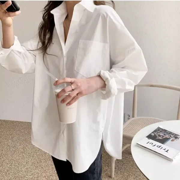 White long-sleeved shirt women loose everything with the new autumn Korean version of the design sense of minority top - Image 2