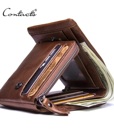 CONTACT'S Genuine Crazy Horse Leather Men Wallets Vintage Trifold Wallet Zip Coin Pocket Purse Cowhide Leather Wallet For Mens