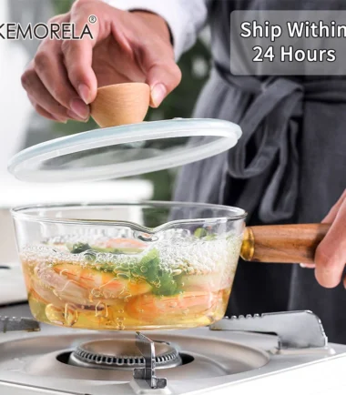 400ml/600ml Glass Milk Pot With Wooden Handle Transparent Cooking Heating Milk Soup Noodle Household Kitchen Cookware Clay Stock