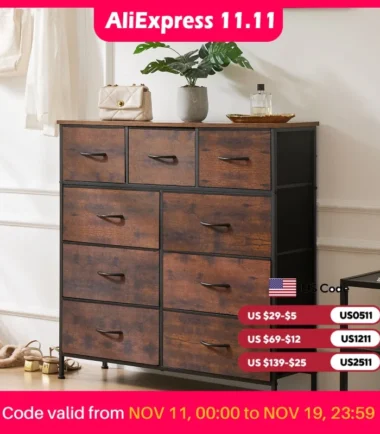JHK Dresser For Bedroom With 9 Fabric Storage Drawer Wardrobe Tall Chest Organizer Closet Adult Kids Clothes Cabinet Furniture